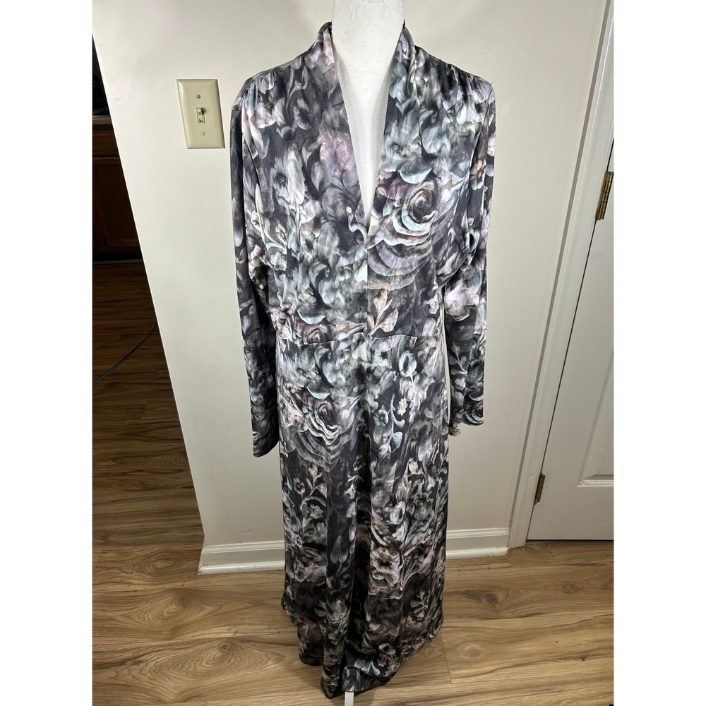 Soft Surroundings Maxi Dress Sz L Gray Naima Floral V-Neck L/S Moody Romantic‎